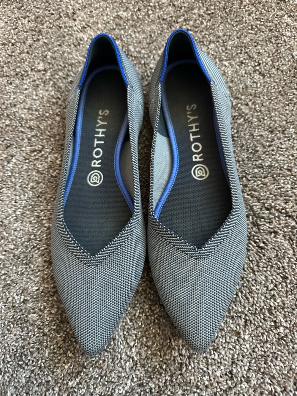 Rothy’s The Point Heather Gray Knit Flats Blue Halo Trim Size 9.5 Like New